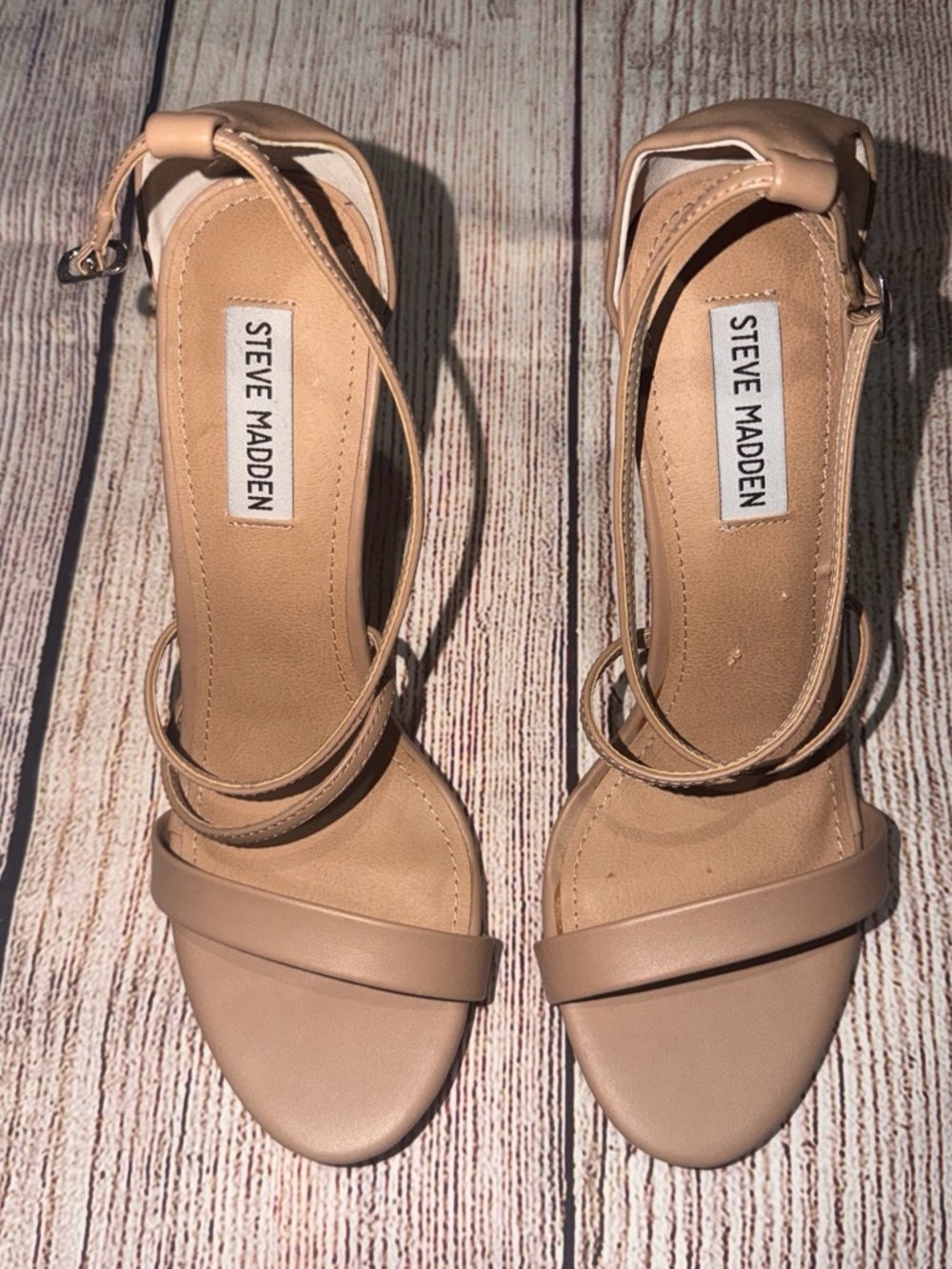 Steve Madden Beige Ankle-Strap Heeled Sandals